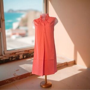 Sleeveless Button Coral Ruffle Button Shirt Dress Poplin Cotton